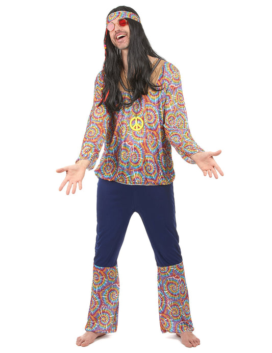 Déguisement hippie motif psychédélique pour homme multicolore avec bandeau et collier