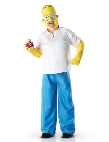 Déguisement Homer Simpson pour adulte blanc bleu et jaune avec canette de bière