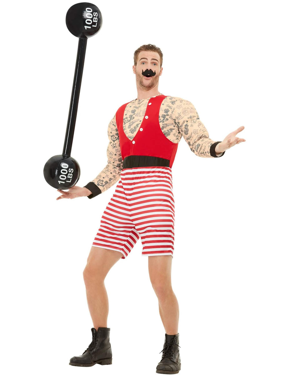 Accessoire haltère et moustache du déguisement d'homme fort tatoué pour adulte