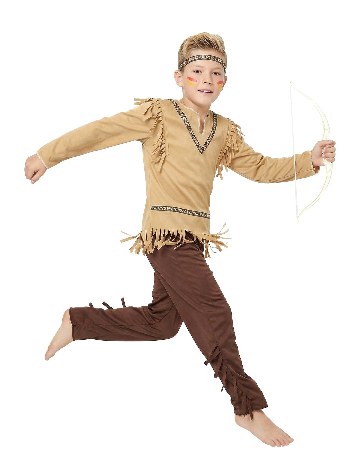 Déguisement indien franges et col V pour garçon beige et marron