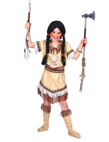 Déguisement indienne à franges pour fille beige avec attrape-rêve et plumes