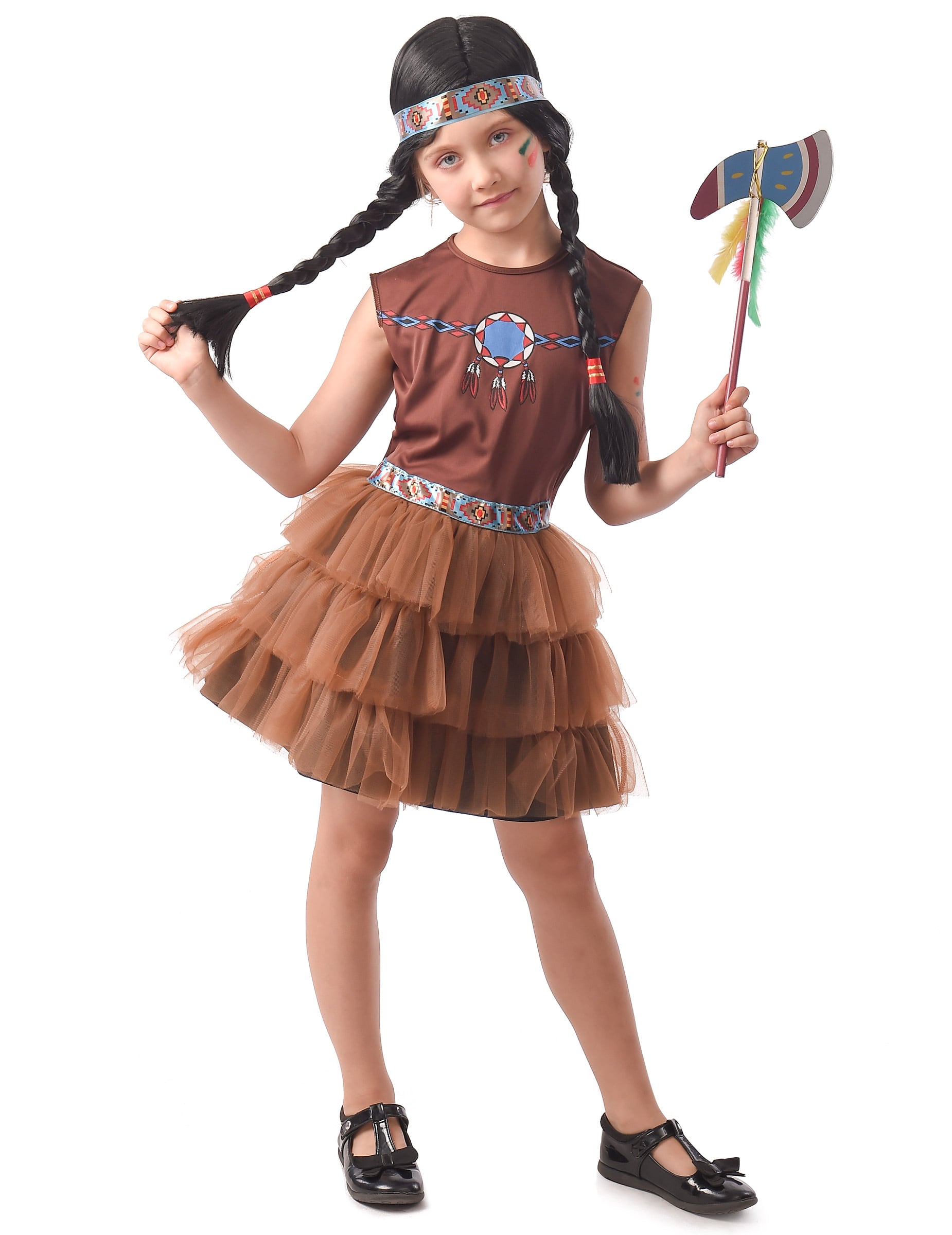 Déguisement indienne chic pour fille marron avec jupon en tulle et bandeau tribal
