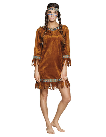 Déguisement d'indienne pour femme marron en faux daim avec franges et bandeau