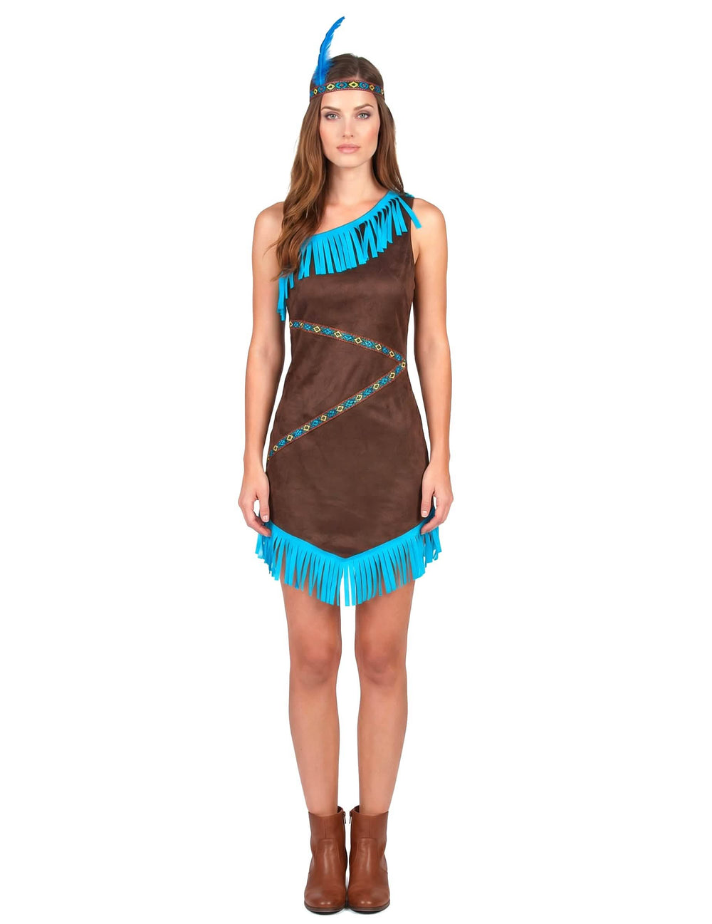 Vue de face du déguisement d'indienne pour femme marron et bleu