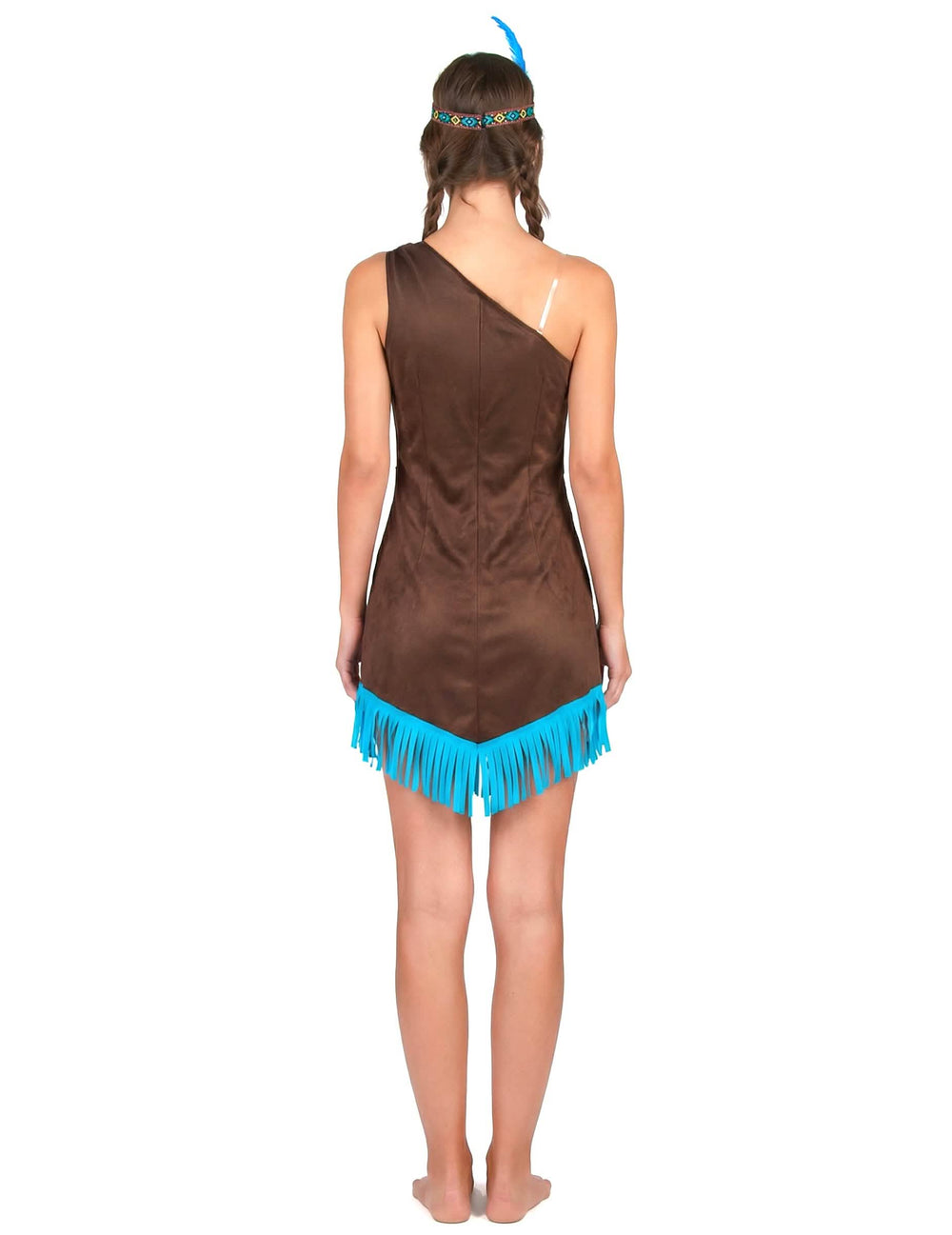 Vue de dos du déguisement d'indienne pour femme marron et bleu