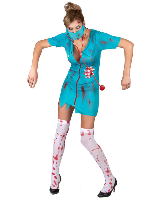 Déguisement infirmière zombie pour femme bleu turquoise ensanglanté