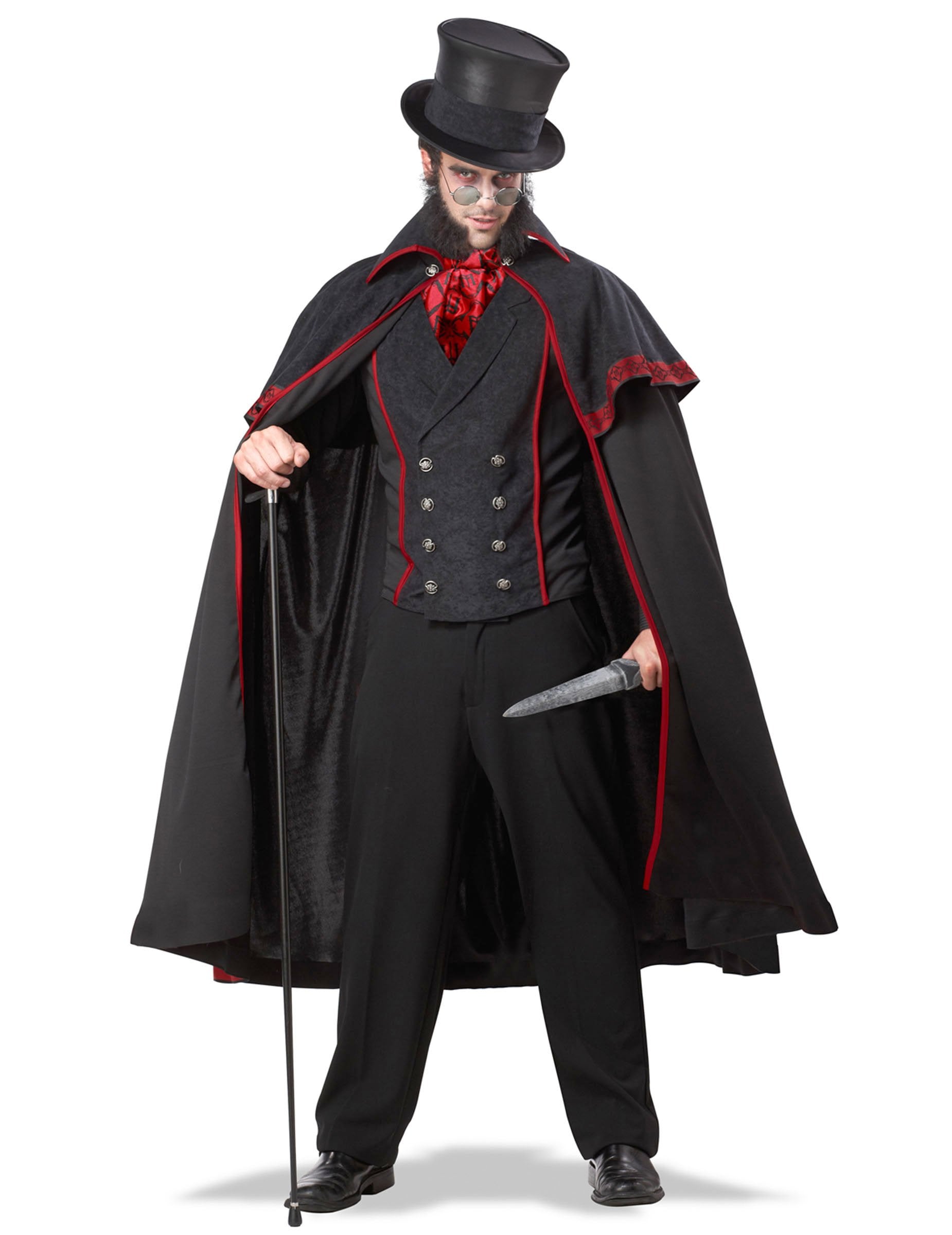 Déguisement Jack l'Eventreur pour homme noir et rouge avec cape et chapeau haut de forme