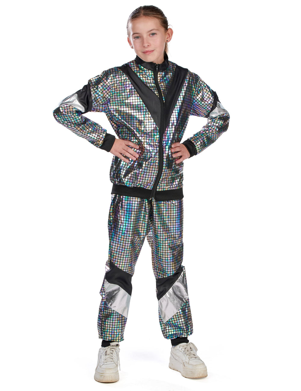 Vue de face du déguisement jogging disco années 80 adolescent