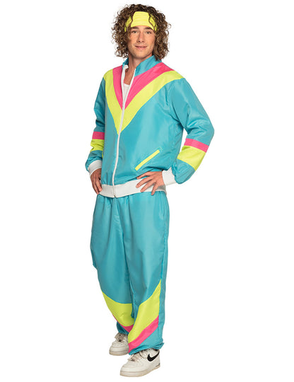 Déguisement Jogging Rétro pour homme bleu fluo avec détails jaunes et roses