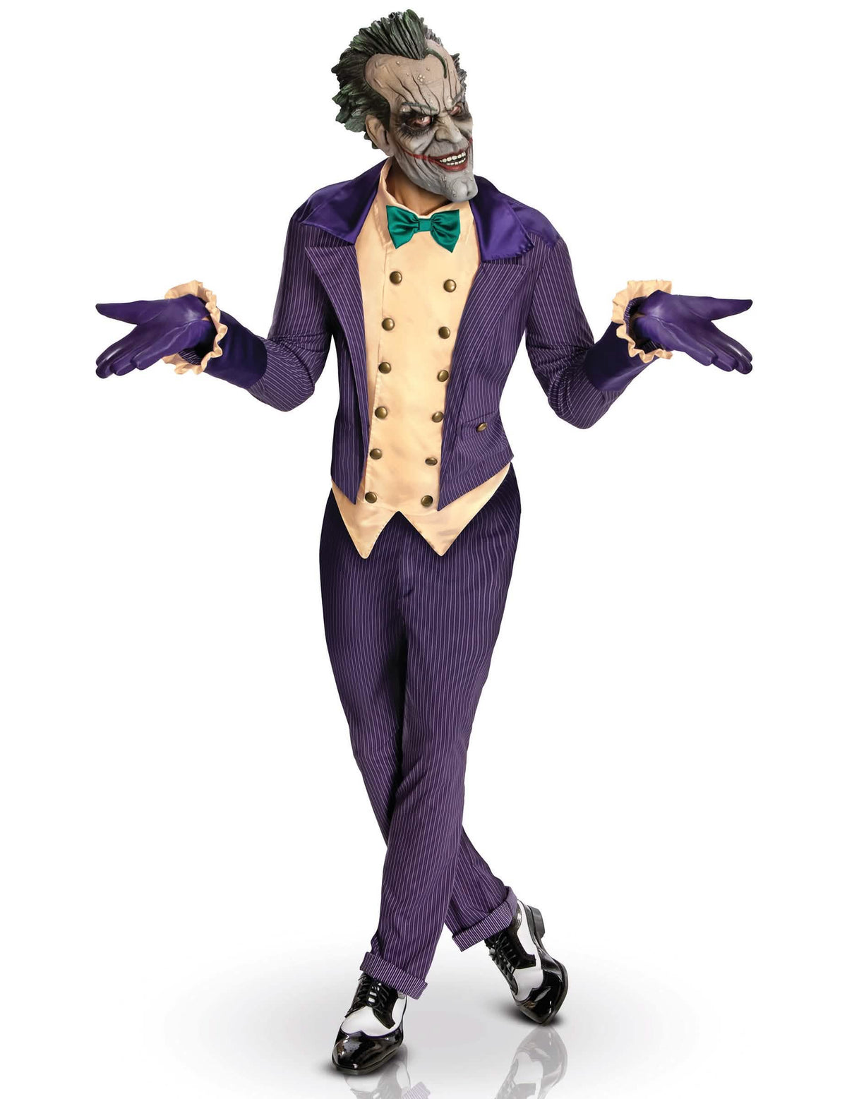 Костюм Joker™ Arkham City™ за възрастен лилав на райета с маска и жълт елек