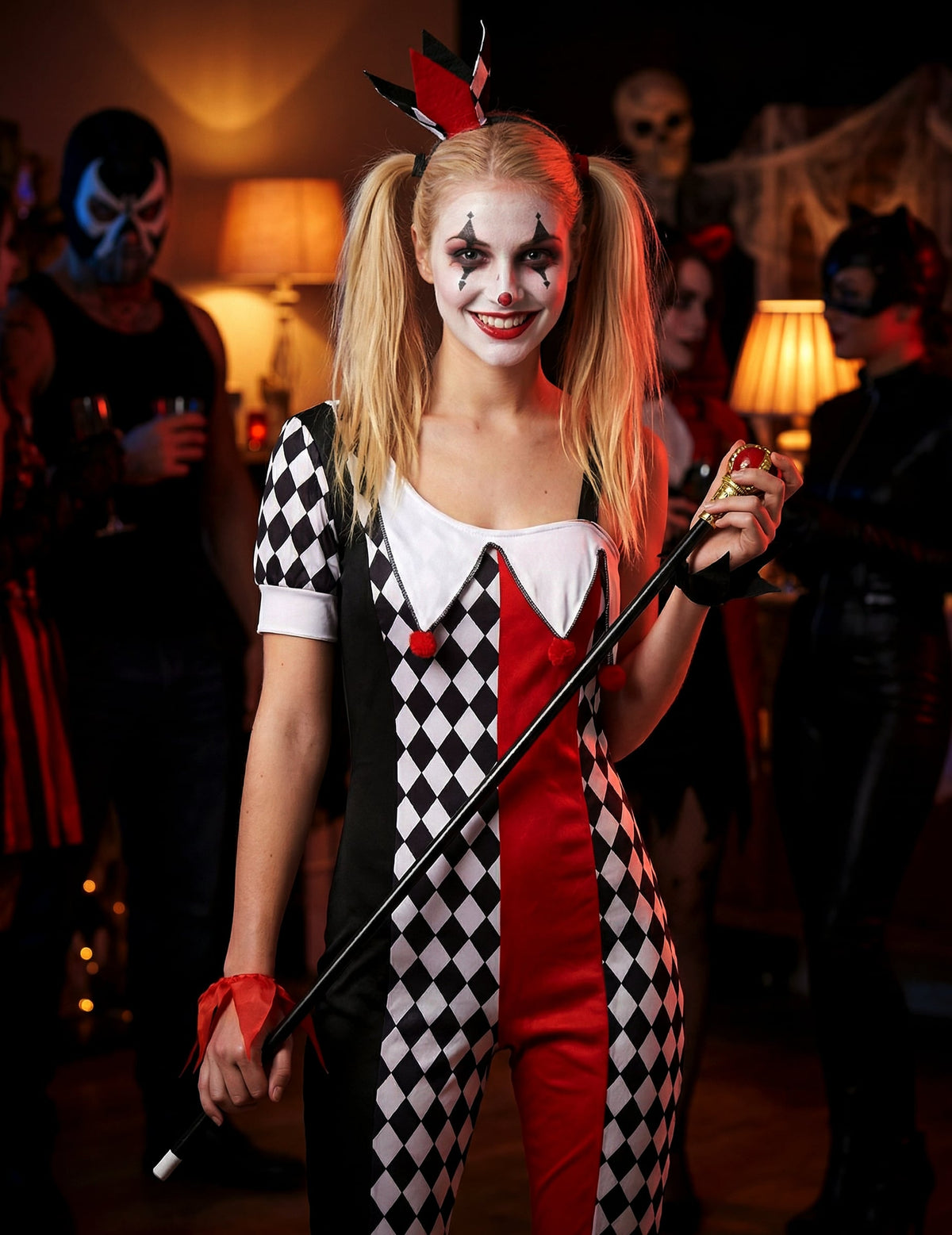 Mise en situation festive du déguisement joker pour femme
