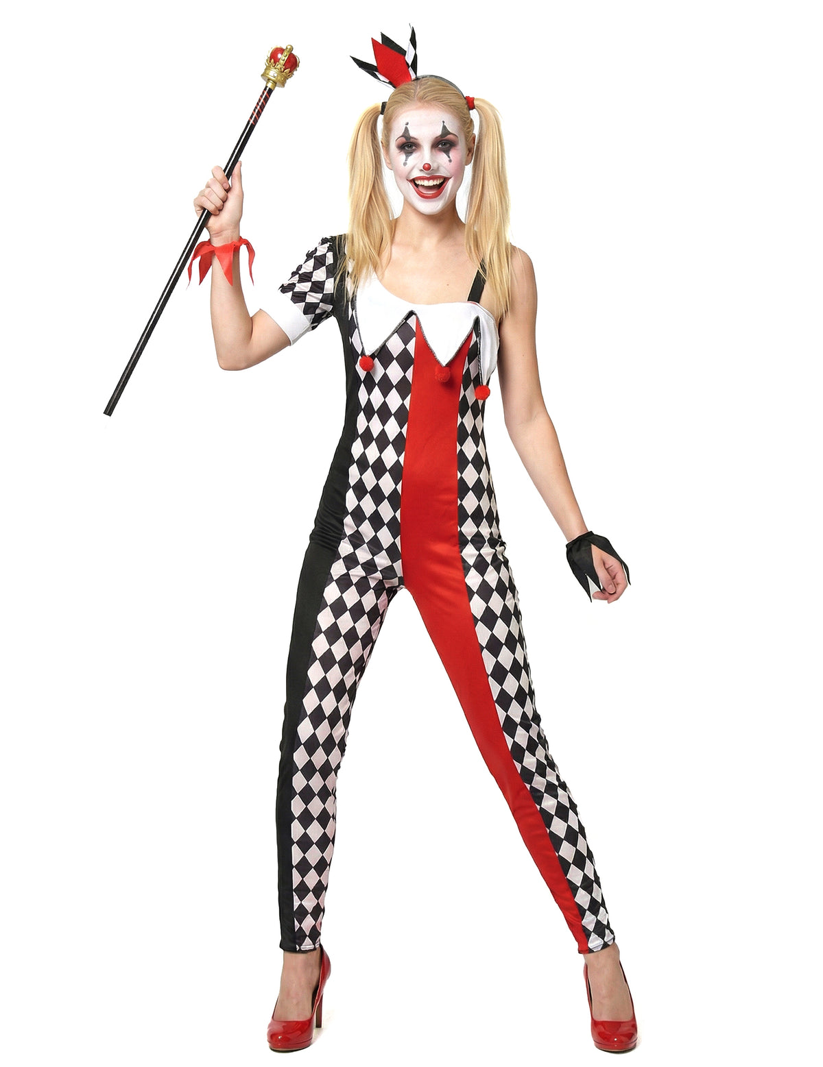 Déguisement joker pour femme rouge noir et blanc à losanges