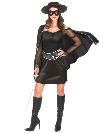 Déguisement de justicier pour femme noir avec cape et masque