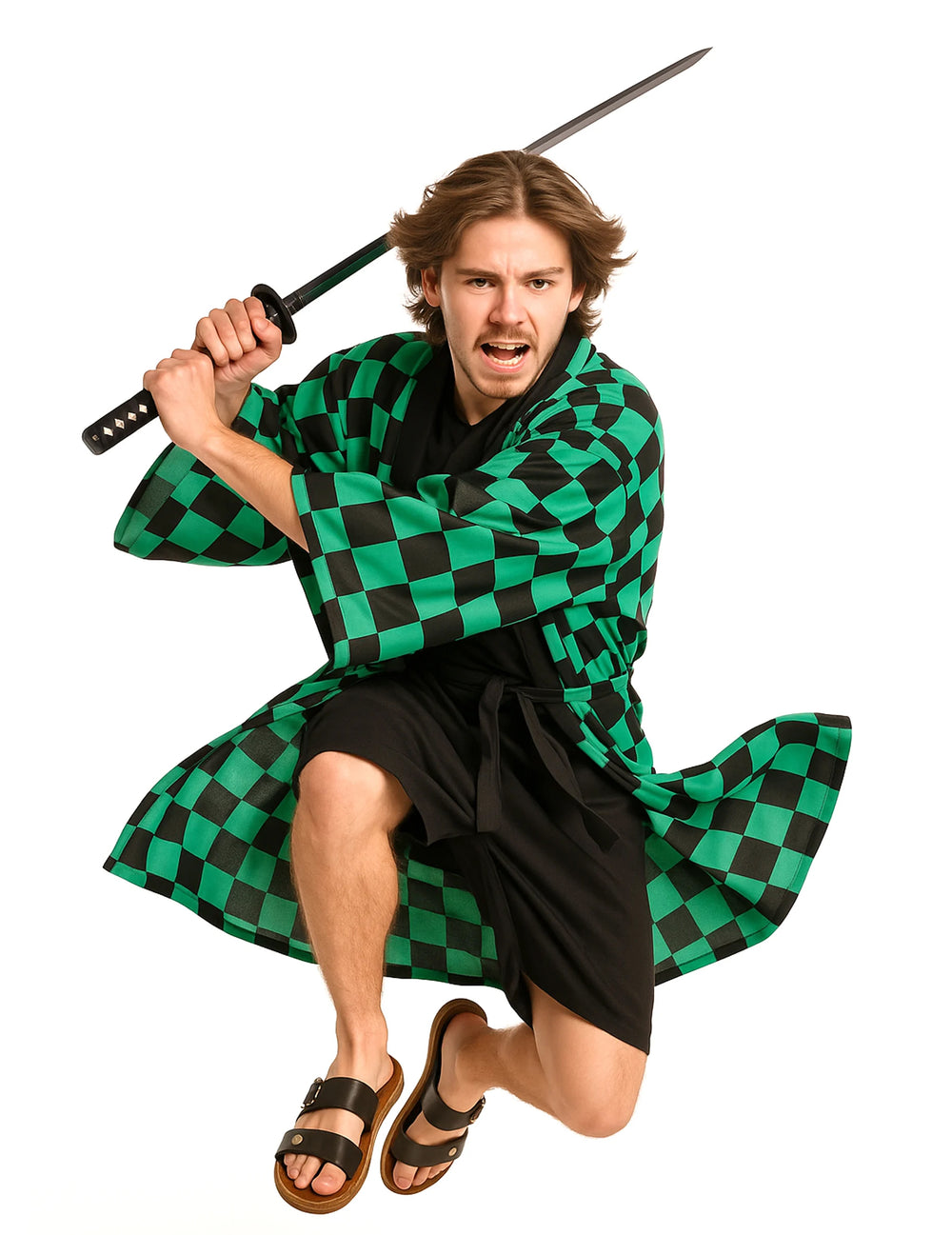 Déguisement kimono manga à damier pour adulte vert et noir