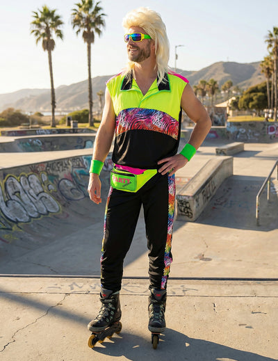 Déguisement kitsh années 80 pour homme jaune fluo et noir à motifs