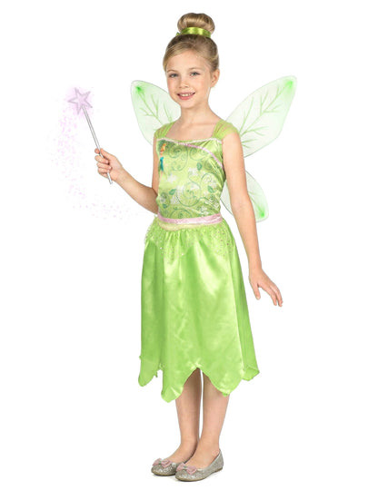 Vue de face avec baguette magique du déguisement de la Fée Clochette basique pour fille