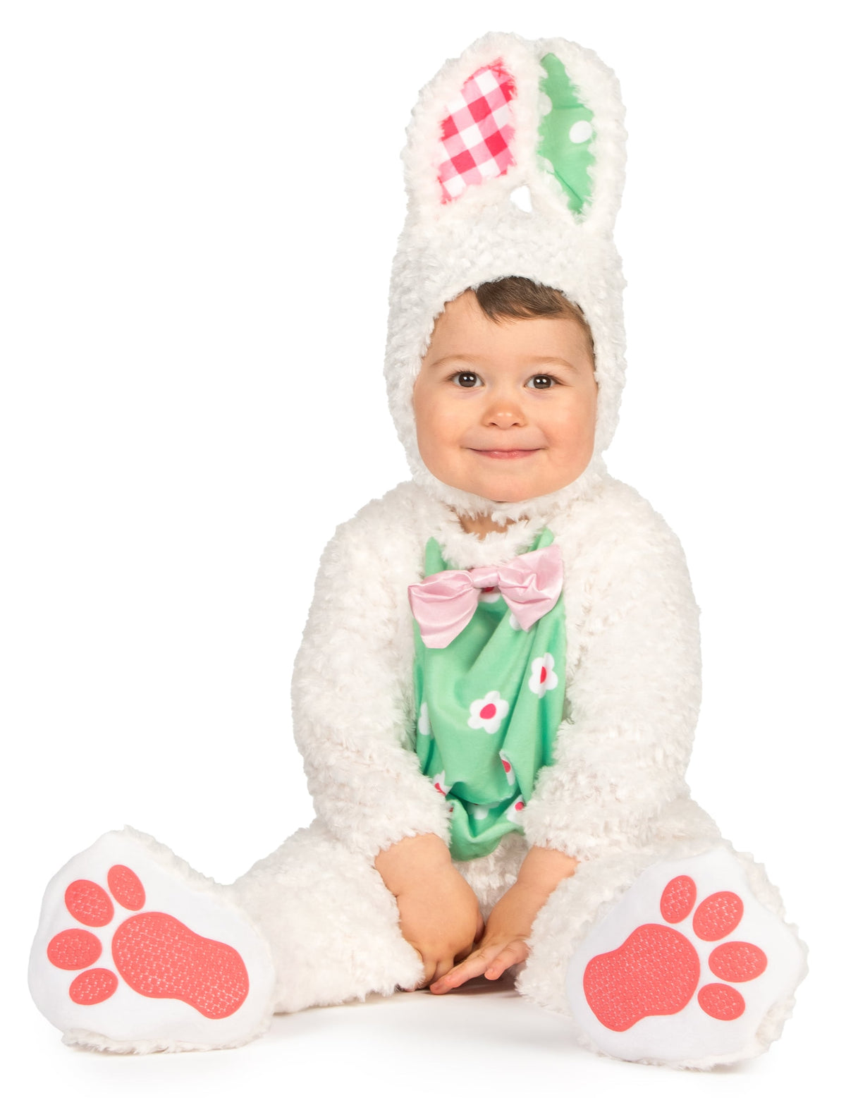Déguisement de lapin pour bébé blanc et vert avec nœud papillon rose