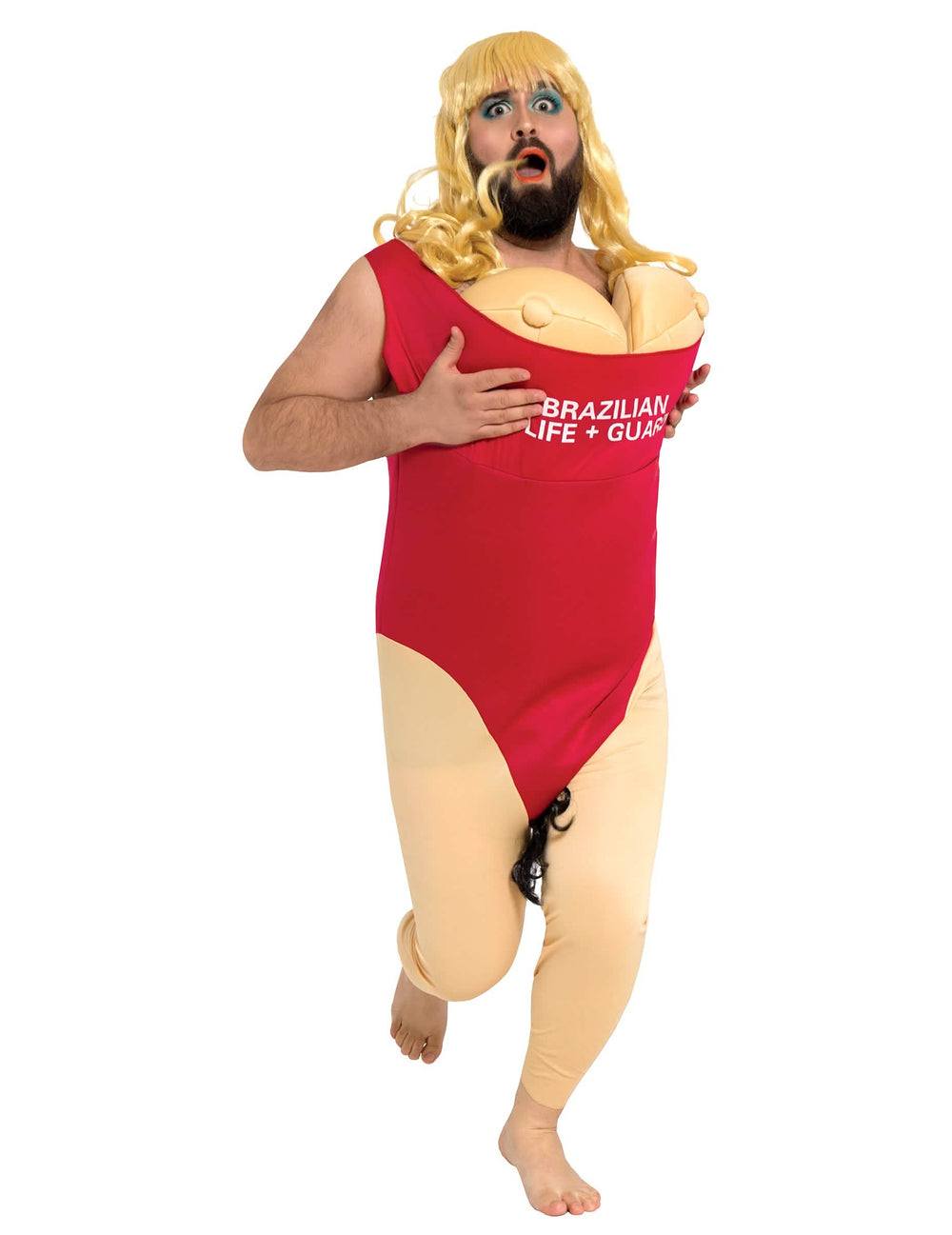 Déguisement lifeguard humoristique pour homme rouge avec poitrine rembourrée et perruque blonde