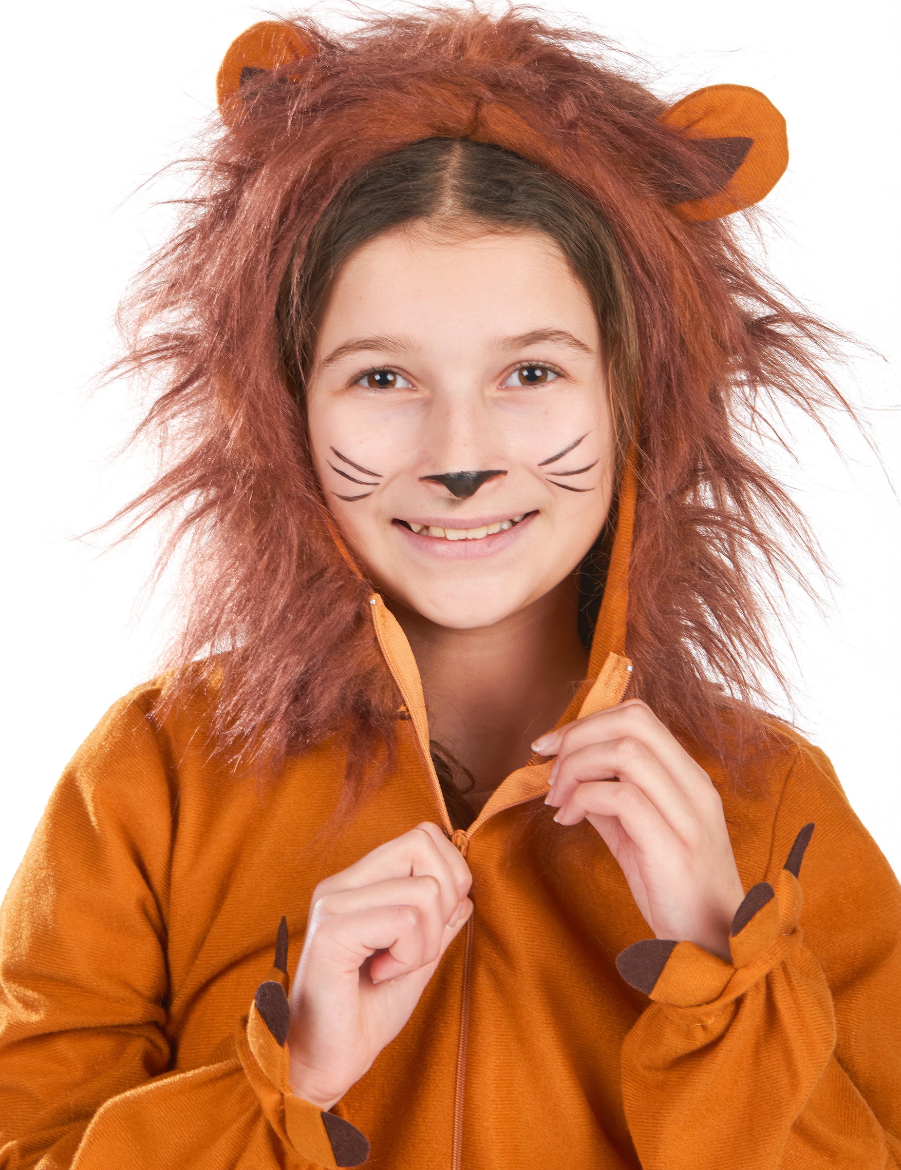 Gros plan sur la capuche et la fermeture du déguisement de lion pour enfant