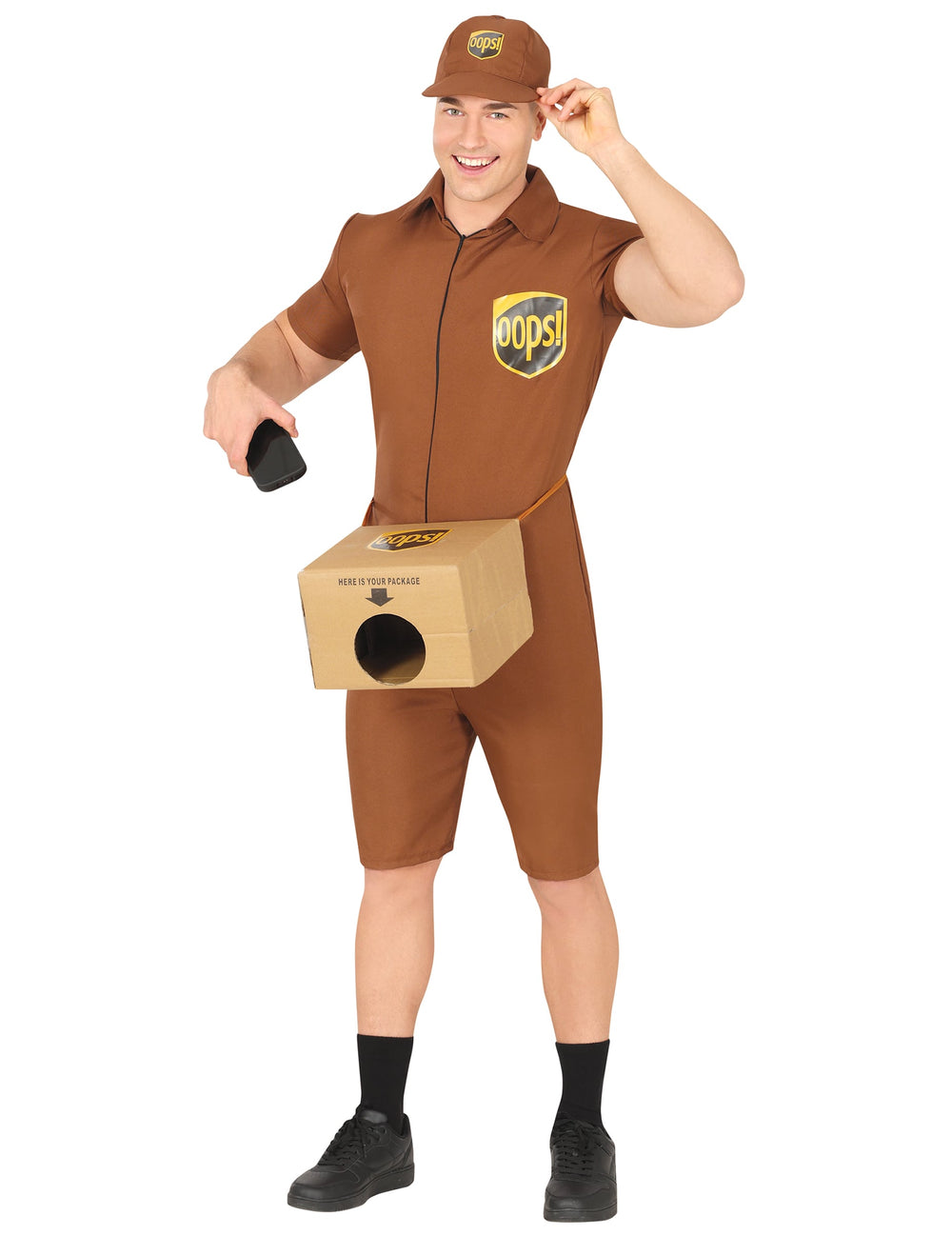 Déguisement de livreur spécial Oops pour adulte marron avec casquette et boîte en carton