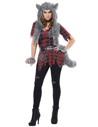 Déguisement loup-garou luxe pour femme rouge et gris avec capuche en fausse fourrure