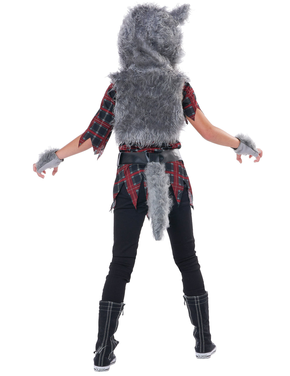 Déguisement de loup garou luxe pour fille gris et rouge avec queue en fourrure