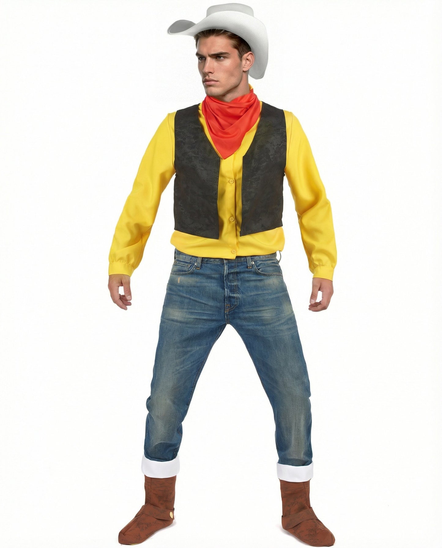 Déguisement Lucky Luke™ pour adulte jaune noir et rouge avec chapeau blanc
