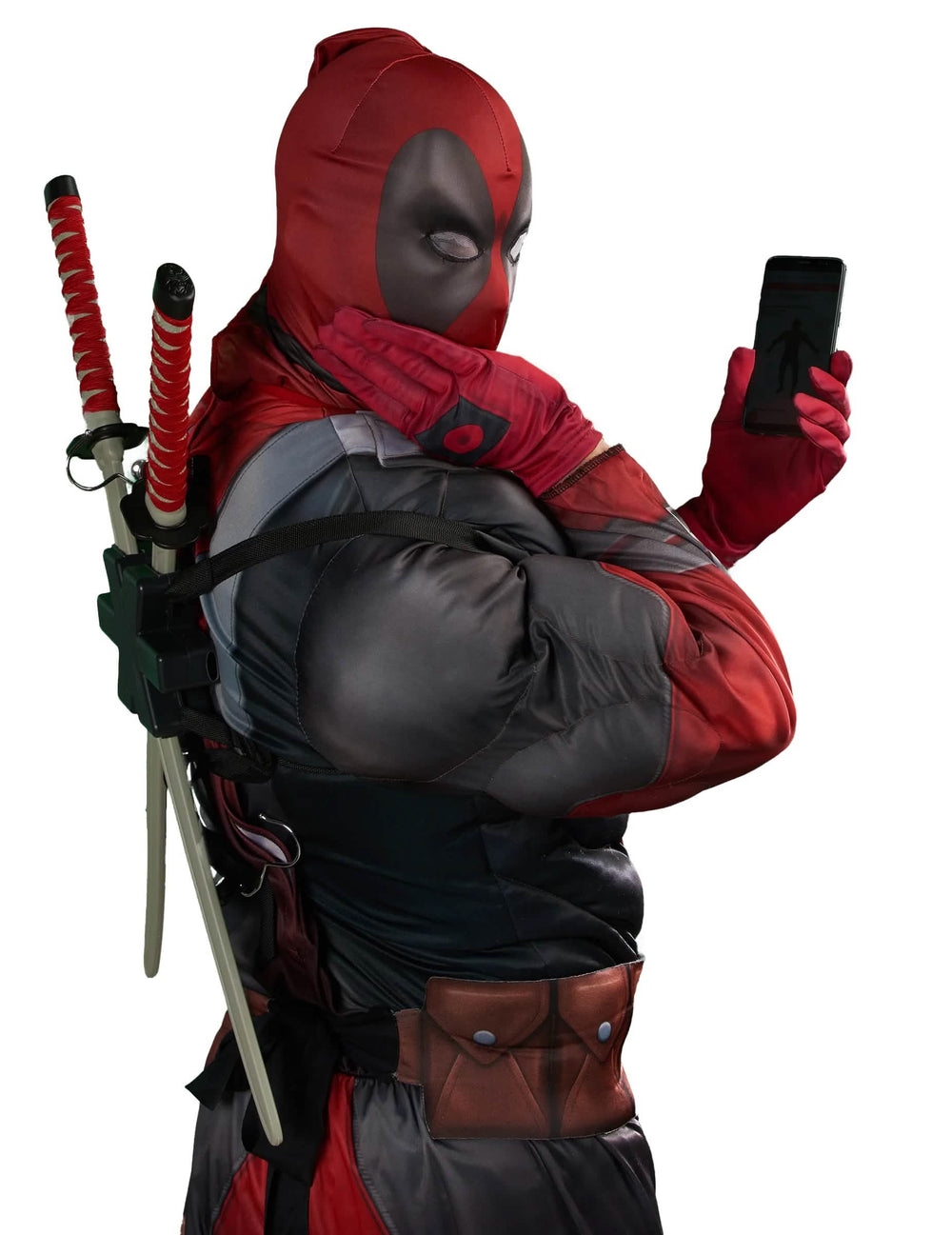 Vue de profil avec katanas du déguisement luxe Deadpool 2™