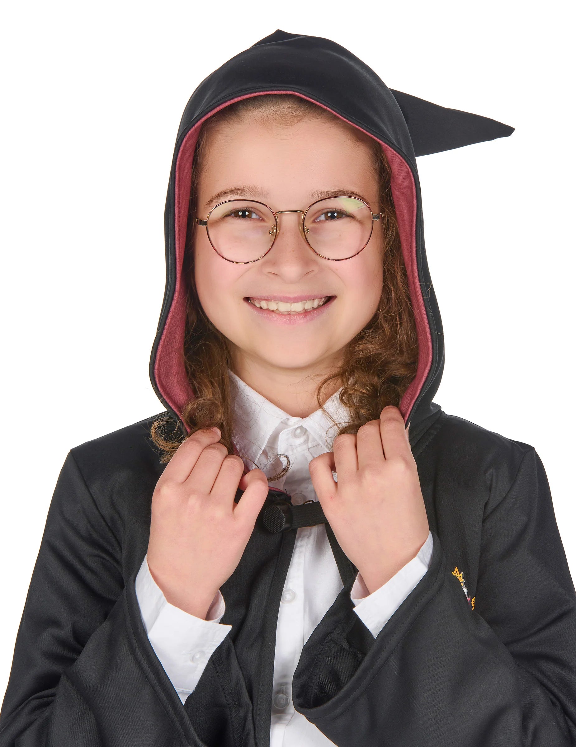 Gros plan du visage avec lunettes et capuche du déguisement luxe robe de sorcier Gryffondor Harry Potter