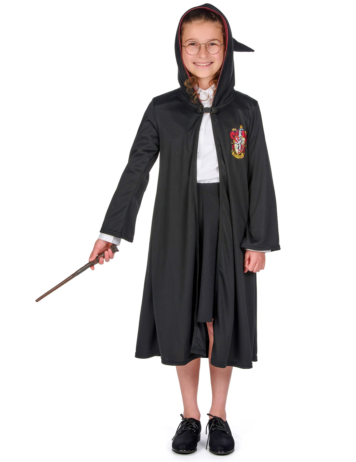 Vue avec capuche baguette et lunettes du déguisement luxe robe de sorcier Gryffondor Harry Potter