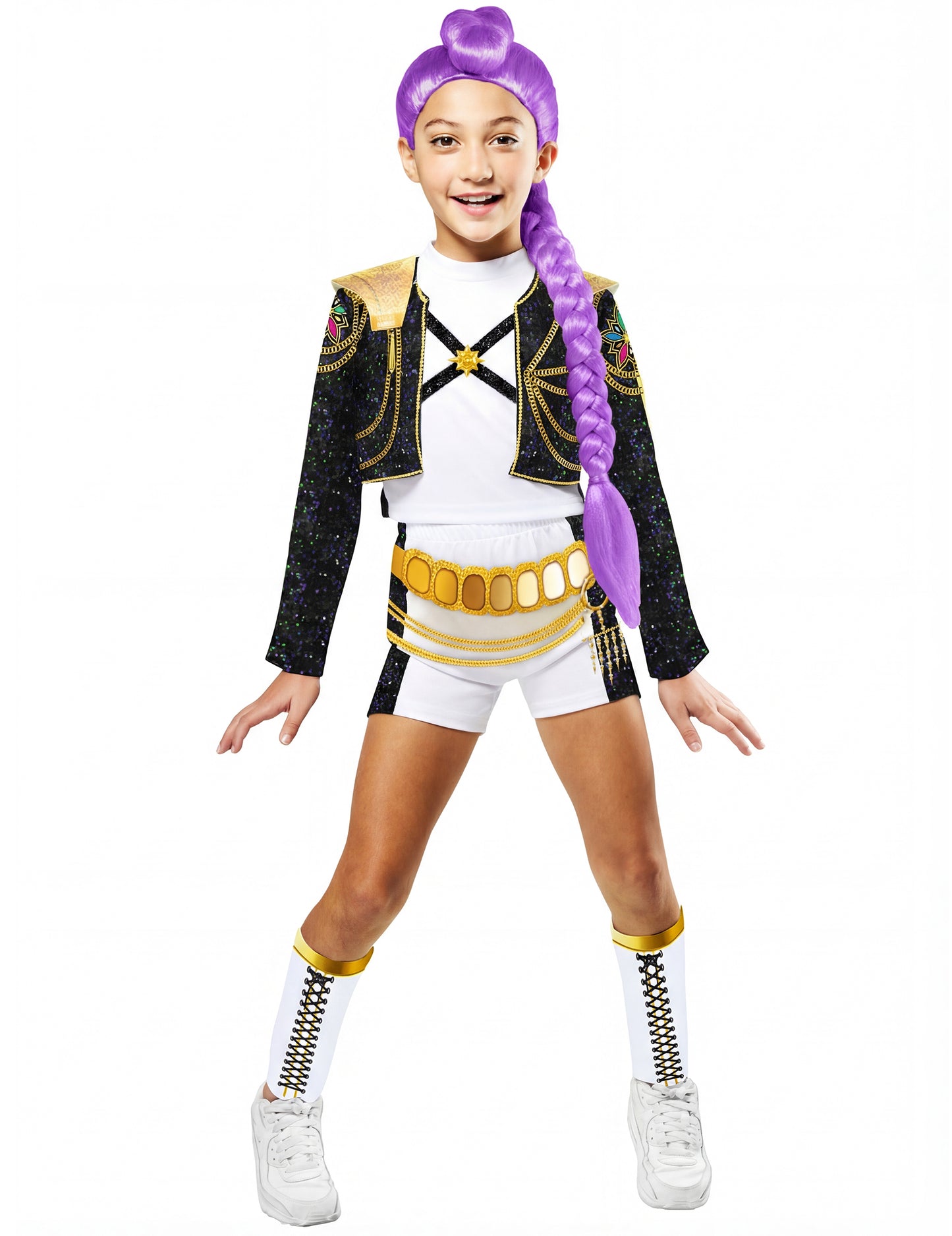 Vue d'ensemble de face du déguisement luxe Rumi Gold Kpop Demon Hunter pour fille
