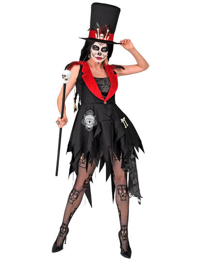 Déguisement de maitresse vaudou pour femme noir et rouge avec haut-de-forme