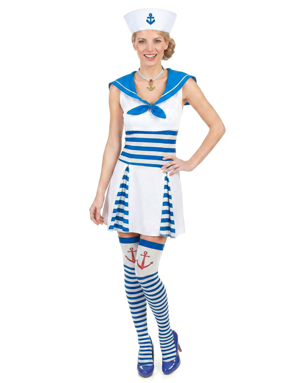 Déguisement de marin pour femme à robe rayée bleu et blanc avec chapeau