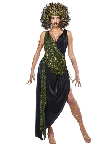 Déguisement de méduse pour femme noir et vert avec coiffe de serpents dorés