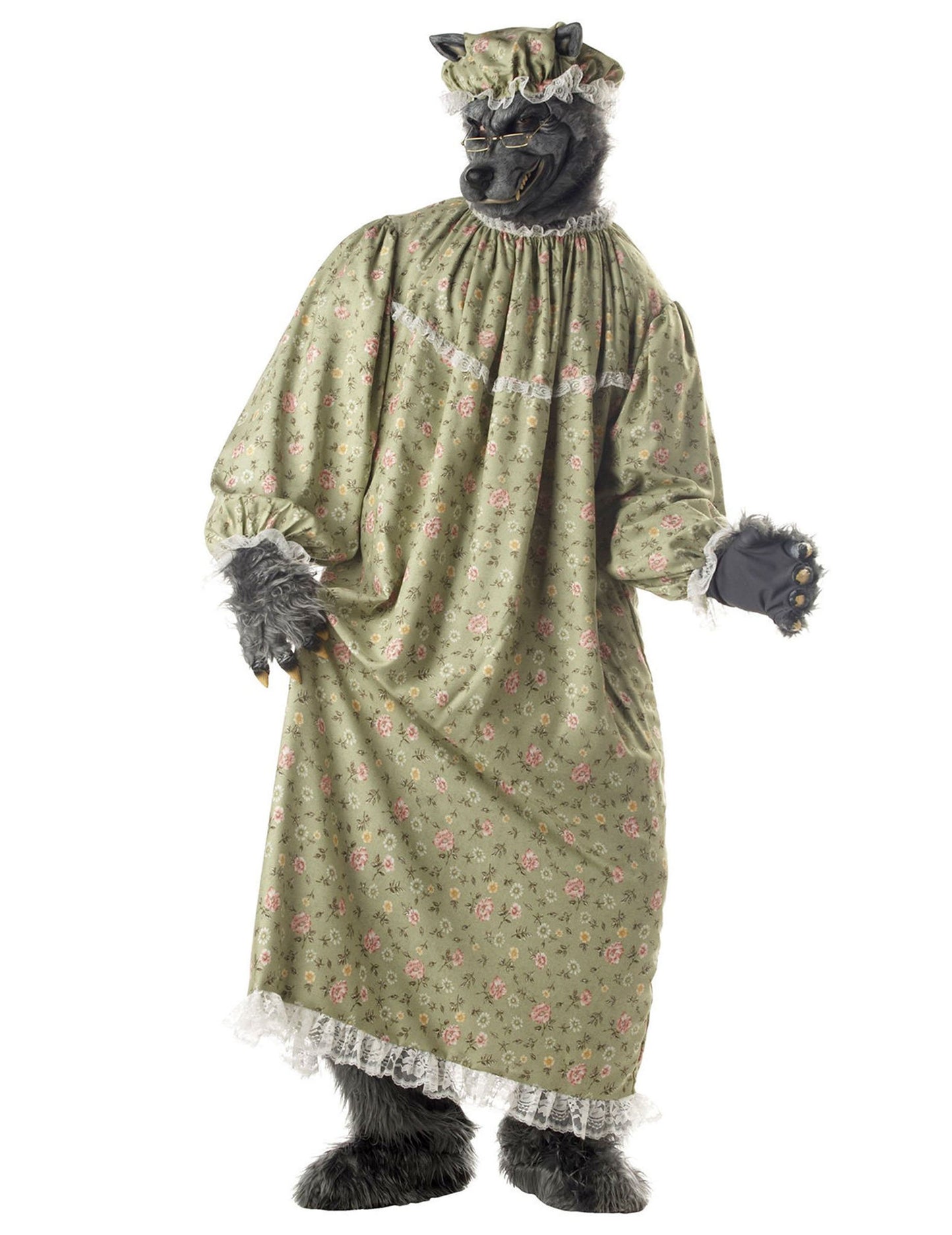 Déguisement mère-grand loup pour adulte robe fleurie verte et masque de loup gris