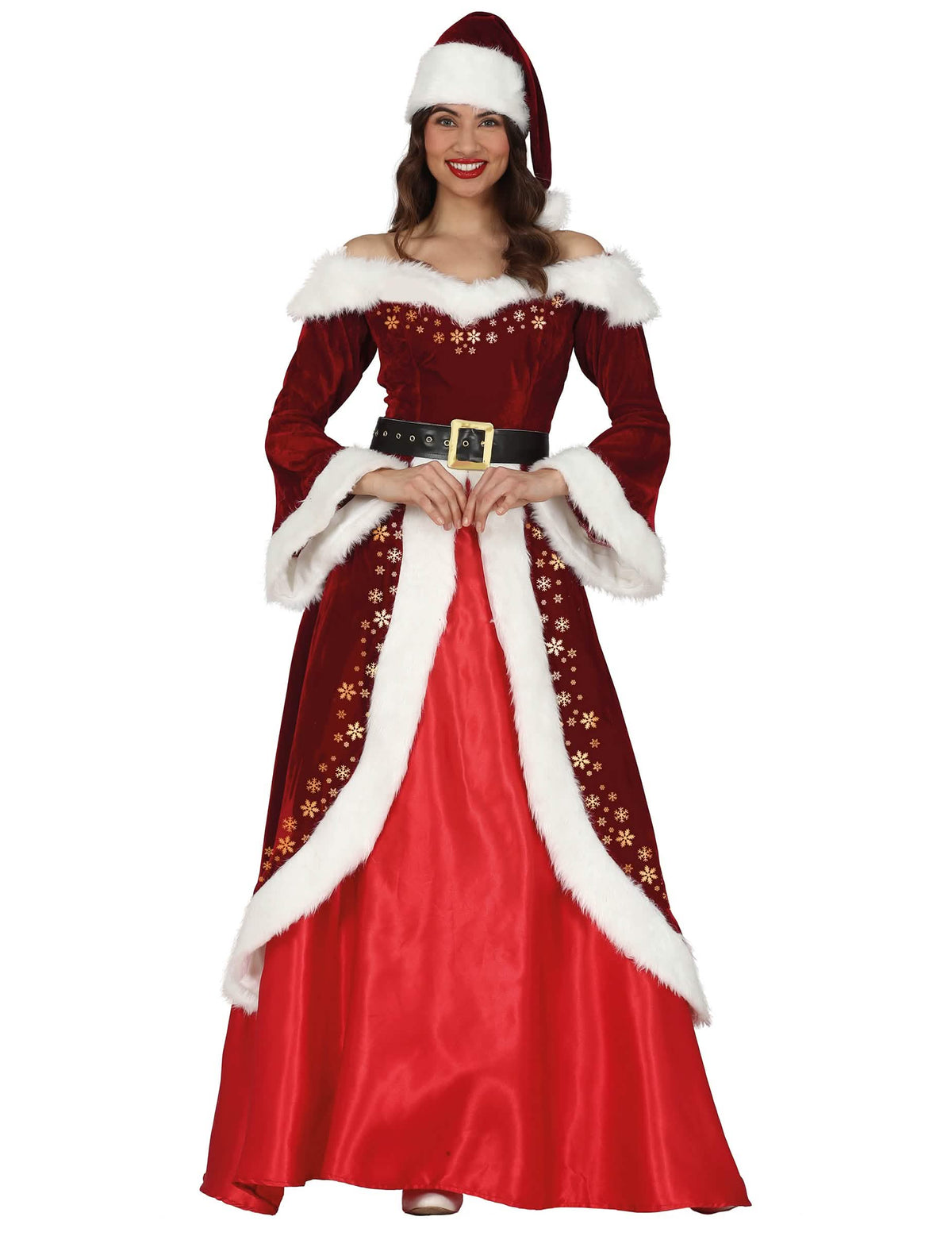 Déguisement Mère Noël chic à dorures pour femme rouge et blanc avec flocons dorés