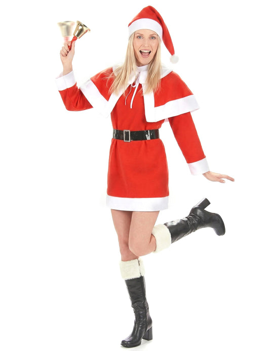 Déguisement mère Noël pour femme rouge et blanc avec pèlerine et ceinture noire