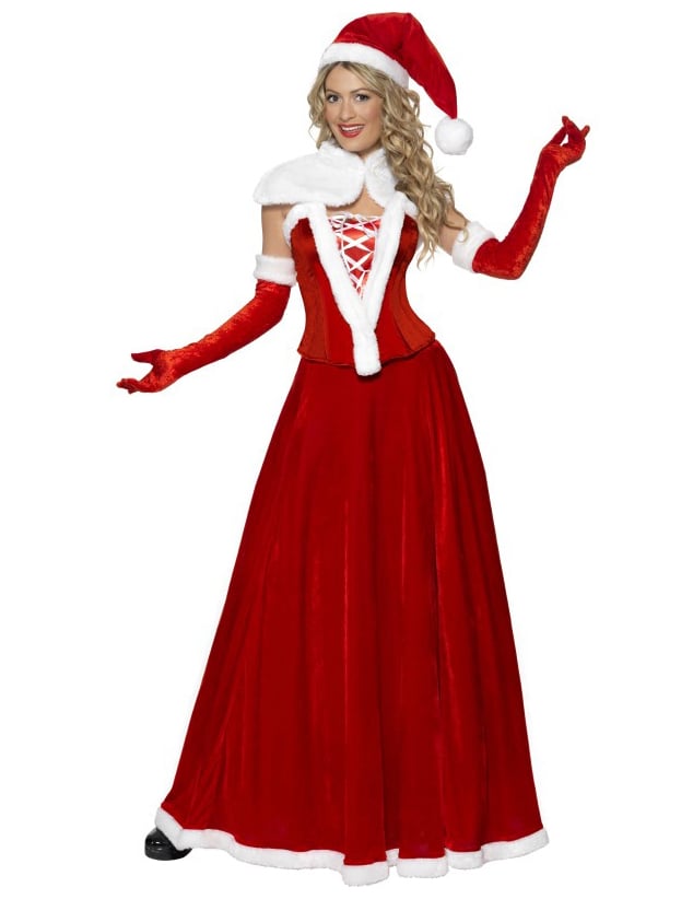 Déguisement Mère Noël luxe robe longue pour femme rouge et blanc avec bonnet et gants