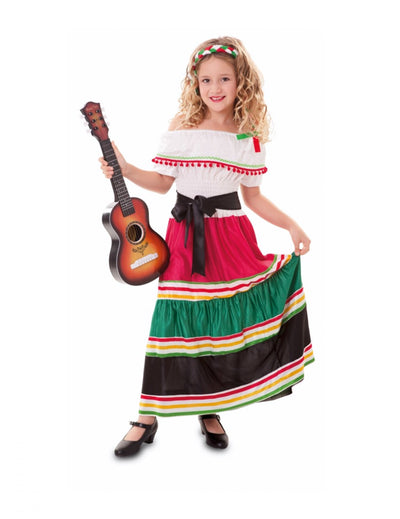 Déguisement mexicaine colorée pour fille blanc rouge et vert avec jupe à volants et guitare