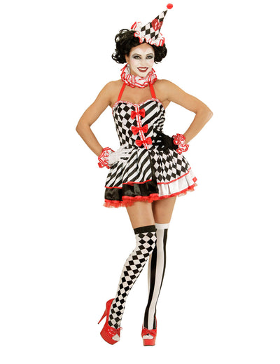 Déguisement mime à jupon court pour femme noir blanc et rouge à carreaux et rayures