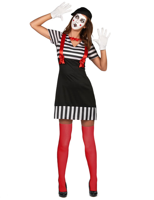 Déguisement de mime pour femme noir et blanc avec bretelles rouges