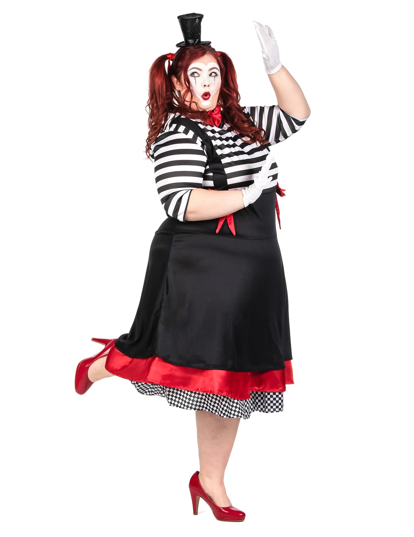 Мим костюм, черна и червена рокля, голям размер за жени