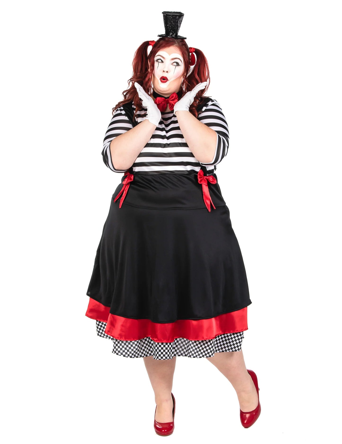 Мим костюм, черна и червена рокля, голям размер за жени