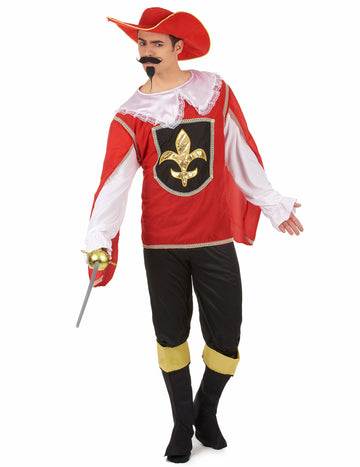 Déguisement de mousquetaire pour homme rouge et noir avec blason fleur de lys