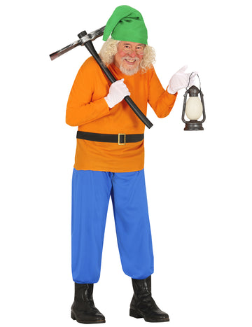 Déguisement nain de la mine pour adulte orange et bleu avec bonnet vert