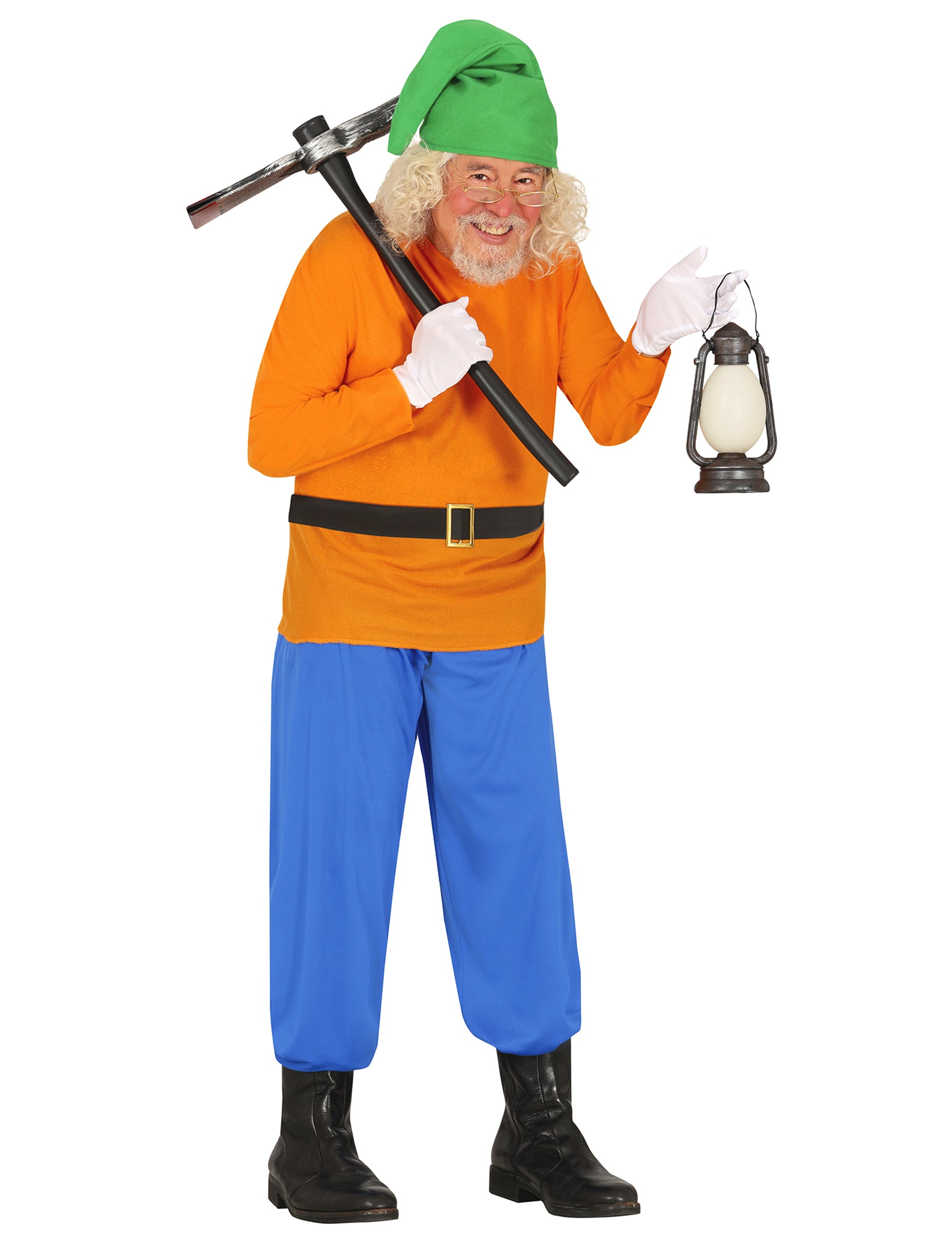 Déguisement nain de la mine pour adulte orange et bleu avec bonnet vert
