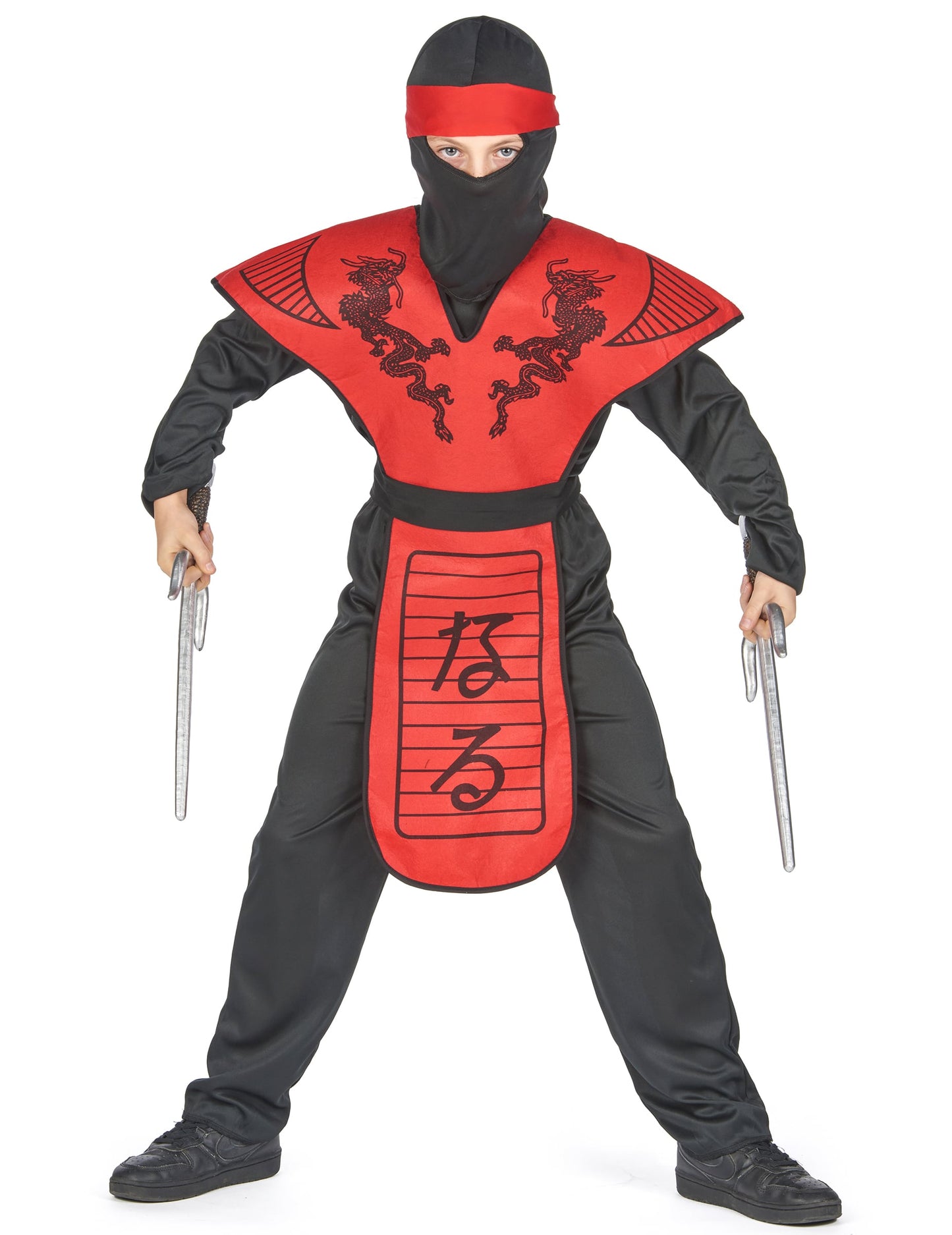 Vue de face du déguisement ninja dragon rouge pour garçon