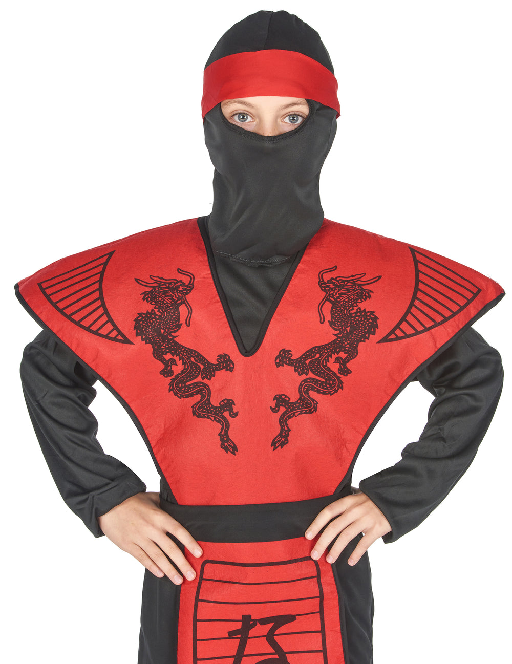 Détail du plastron à motifs dragons du déguisement de ninja dragon pour garçon