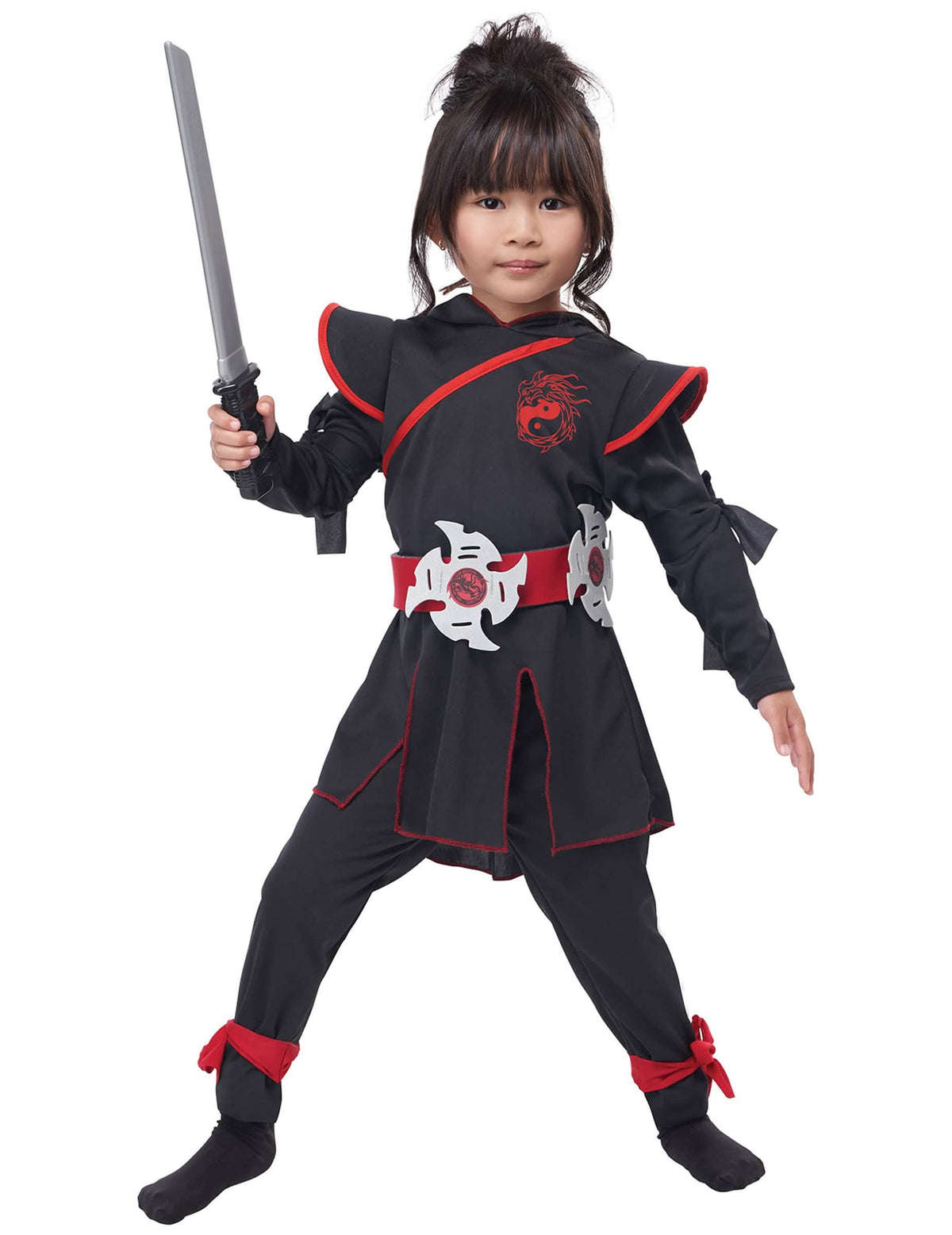 Déguisement ninja luxe pour fille noir et rouge avec ceinture et sabre