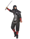 Déguisement ninja dragon argentés pour homme noir avec rubans rouges et imprimé dragon